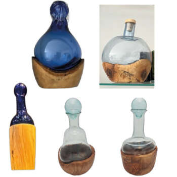 Objets en Verre Soufflé sur Bois d'Olivier